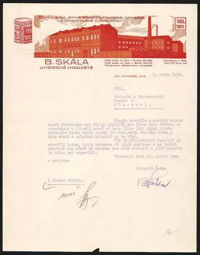 Rechnung Uherské Hradiste 1930, B. Skála, Továrna na Jemné Kandity, Fourées, Dragées, Modellansicht der Fabrik