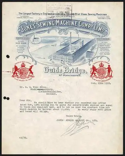 Rechnung Manchester 1922, Jones` Sewing Machine Comp. Lim., Die Fabrik mit eigener Gleisanlage