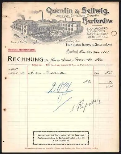 Rechnung Herford 1908, Quentin & Sellwig, Buchdruckerei und Papierhandlung, Verlag der Herforder Zeitung, Geschäftshaus
