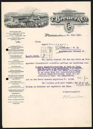Rechnung Pirna a. Elbe 1930, F. Breuer & Co., Spezialfabrik für gelochte Bleche, Gesamtansicht des Betriebs