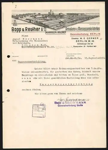 Rechnung Berlin 1934, Bopp & Reuther GmbH, Armaturen- u. Messapparate-Fabriken, Grosses Werk in Mannheim