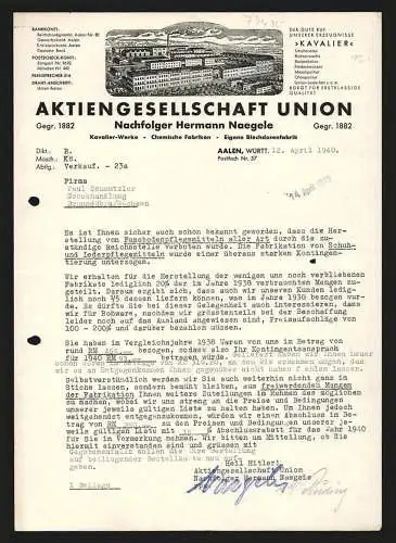 Rechnung Aalen /Württ. 1940, Aktiengesellschaft Union, Chemische Fabriken, Gesamtansicht der Betriebsanlage