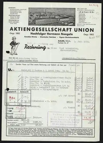 Rechnung Aalen /Württ. 1939, Aktiengesellschaft Union, Chemische Fabriken, Gesamtansicht der Betriebsanlage
