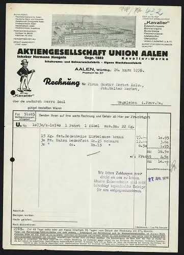 Rechnung Aalen /Württ. 1936, Aktiengesellschaft Union, Schuhcreme- und Bohnerwachswerk, Gesamtansicht der Fabrikanlage