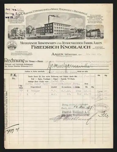 Rechnung Aalen /Württbg. 1927, Friedrich Knoblauch, Trikotwaren- und Knabenkleider-Fabrik, Verschiedene Geschäftshäuser