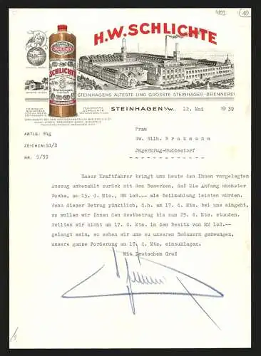 Rechnung Steinhagen i. W. 1939, H. W. Schlichte, Schnapsbrennerei, Betriebs- und Produktansicht, Schutzmarken