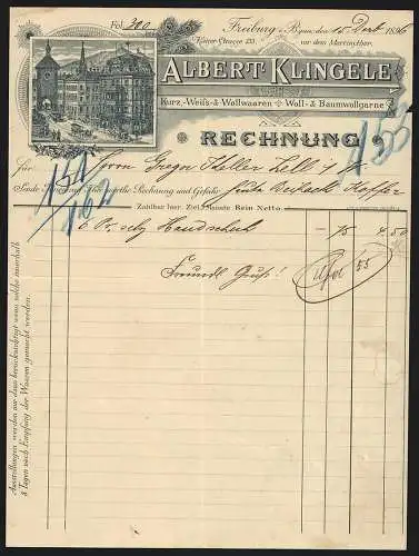 Rechnung Freiburg i. B`gau 1896, Albert Klingele, Textilwarenhandlung, Reger Verkehr vor dem Geschäftshaus