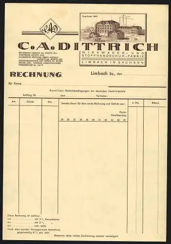 Rechnung Limbach, C. A. Dittrich, Wirkwaren- & Stoffhandschuh-Fabrik, Ansicht des Geschäftsgeländes