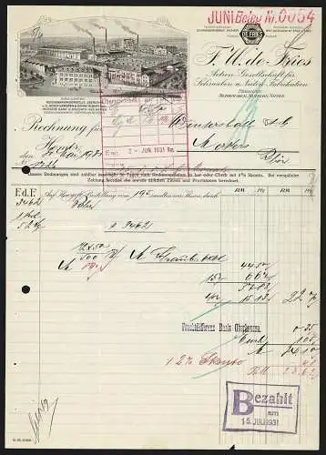 Rechnung Hemer 1931, F. U. de Fries, AG für Schrauben- und Nieten-Fabrikation, Gesamtansicht der Betriebsanlage