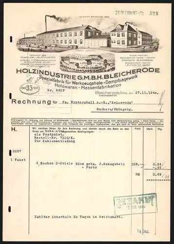 Rechnung Bleicherode /Harz 1940, Holzindustrie GmbH, Spezialfabrik für Werkzeugstiele, Hauptwerk und Werk in Walkmühle