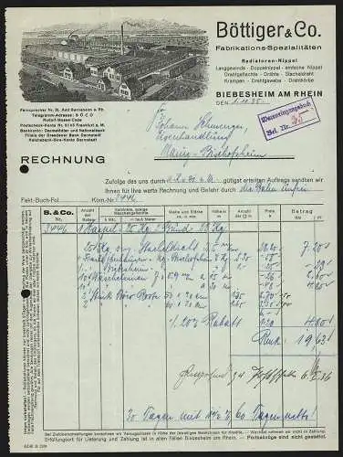 Rechnung Biebesheim am Rhein 1935, Böttiger & Co., Drahtwaren-Fabrik, Das Betriebsgelände aus der Vogelschau