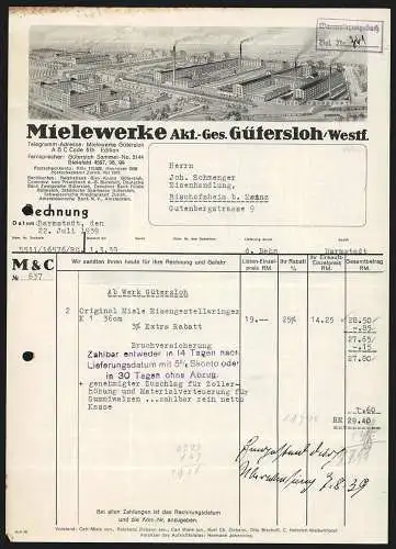 Rechnung Gütersloh /Westf. 1939, Mielewerke AG, Gesamtansicht der Fabrik mit eigener Gleisanlage