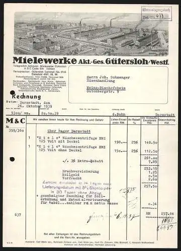 Rechnung Gütersloh /Westf. 1939, Mielewerke AG, Gesamtansicht des Betriebs mit eigener Gleisanlage