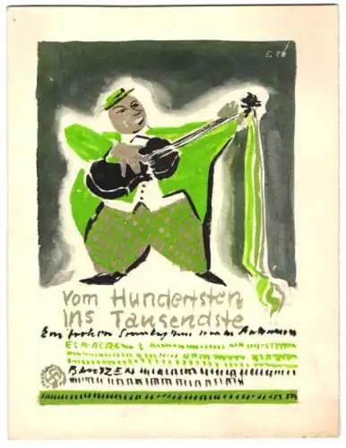 Handzeichnung / Ansichtskarten-Entwurf Erich Röhle, Vom Hundersten ins Tausendste, Gitarren Spieler, Signiert