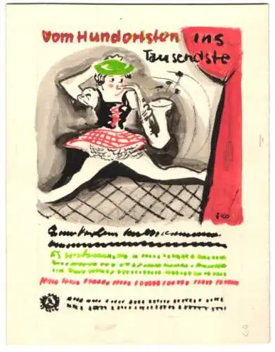 Handzeichnung / Ansichtskarten-Entwurf Erich Röhle, Frau im Trachenkleid blässt das Saxophone
