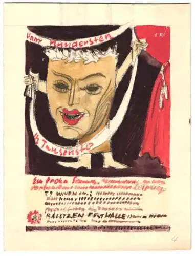 Handzeichnung / Ansichtskarten-Entwurf Erich Röhle, Festkarte Bautzen Festhalle, grosses Gesicht, Signiert