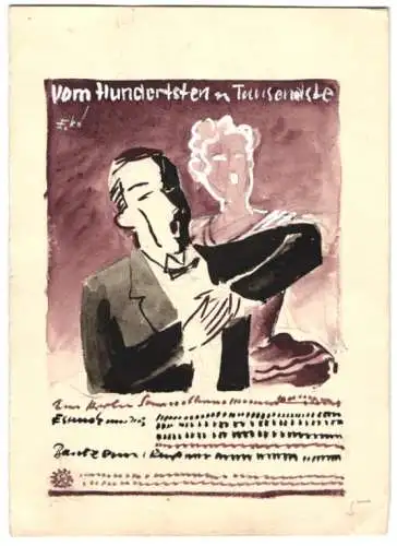 Handzeichnung / Ansichtskarten-Entwurf erich Röhle, vom Hundersten ins Tausendste, Signiert, 