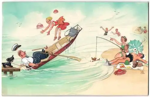 Handzeichnung / Ansichtskarten-Entwurf Hans Boettcher Nr. 397, Badeurlaub, Ruderboot, Angel, Strandgäste, Signiert