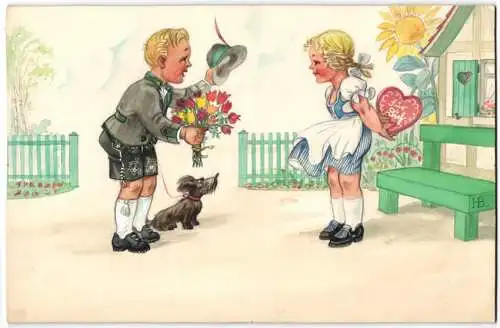 Handzeichnung / Ansichtskarten-Entwurf Hans Boettcher Nr. 373, Bube und Mädl in Tracht mit Herz und Blumenstrauss