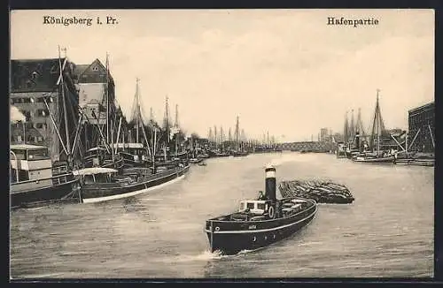 AK Königsberg i. Pr., Hafen mit Segelboote und Fähre