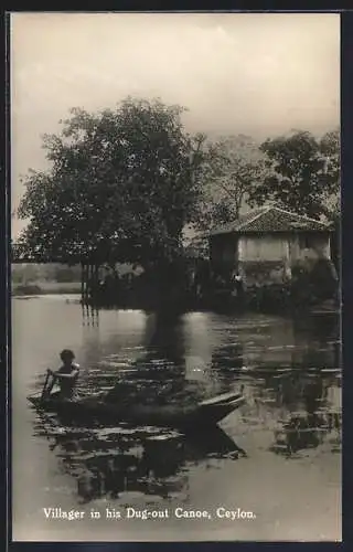 AK Ceylon, Villager in his Dug-out Canoe