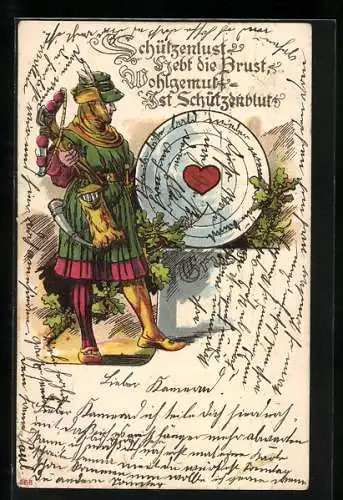 Lithographie Armbrustschütze, Zielscheibe mit Herz