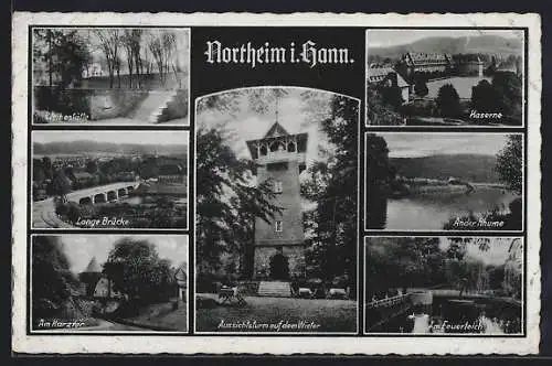 AK Northeim i. Hann., Weihestätte, Lange Brücke, Harztor, Kaserne, Feuerteich, Rhume