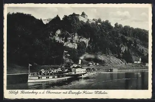 AK Fürstenberg /Oberweser, Schloss Fürstenberg mit Dampfer Kaiser Wilhelm