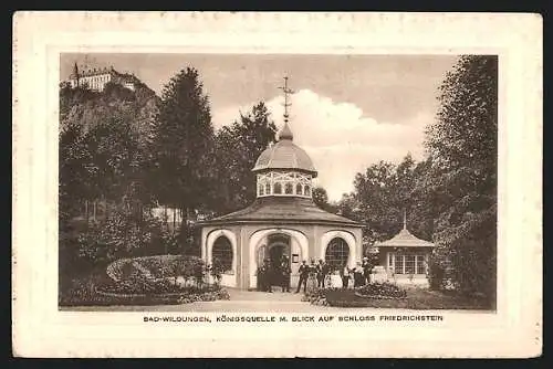 AK Bad-Wildungen, Königsquelle mit Blick auf Schloss Friedrichstein