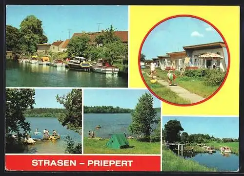 AK Strasen-Priepert, Boote an der Schleuse, Bngalowsiedlung Pelzkuhl und Zeltplatz C/54 mit Bootsteg