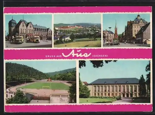 AK Aue /Sachsen, Post, Altmarkt, Kulturhaus, Stadion