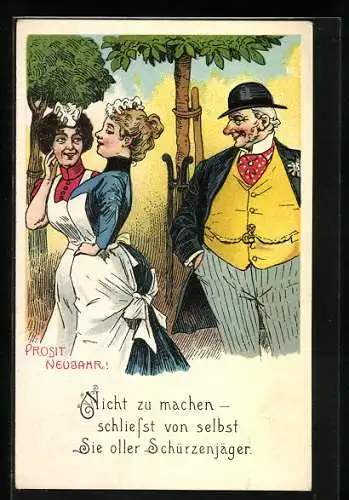 Lithographie Älterer Herr schaut zwei Frauen hinterher