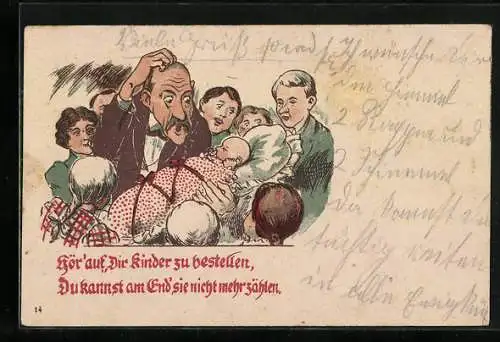 AK Alter Mann mit fragendem Blick und Kind im Arm, Hör` auf dir Kinder zu bestellen