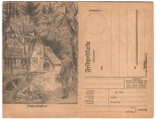 Künstler-AK Handgemalt: Heimkehr, Wanderer erreicht ein Haus mit Wassermühle