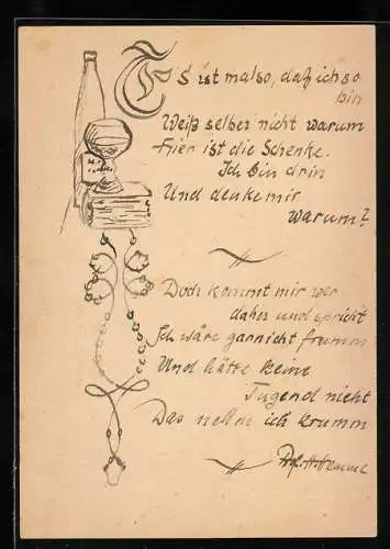 Künstler-AK Handgemalt: Buch mit Weinglas und Weinflasche