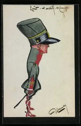 Künstler-AK Handgemalt: Offizier mit riesiger Schirmmütze