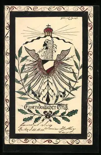 Künstler-AK Handgemalt: Adler mit Wappen und Eichenzweig