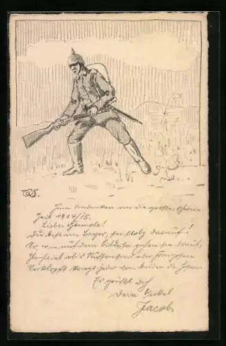 Künstler-AK Handgemalt: Uniformierter Soldat mit Gewehr