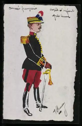Künstler-AK Handgemalt: Armée francaise, Offizier mit Degen und Schirmmütze