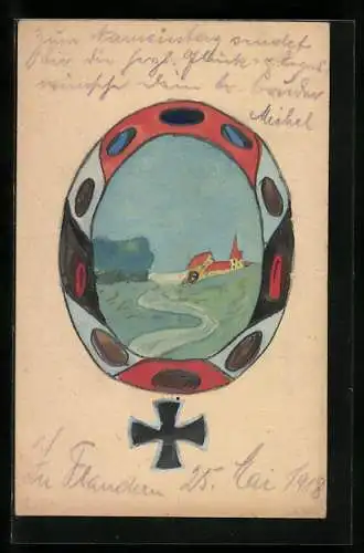 Künstler-AK Handgemalt: Dorfansicht mit Landstrasse im Kranz