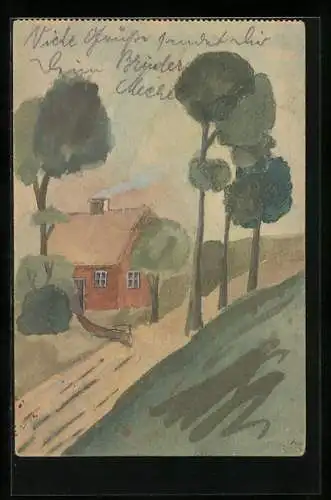Künstler-AK Handgemalt: Haus am Feldrand inmitten von Bäumen