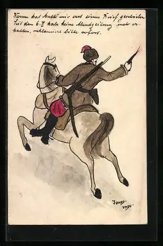 Künstler-AK Handgemalt: Soldat mit Pistole zu Pferd