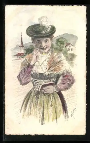 Künstler-AK Handgemalt: Frau in Tracht mit Bibel