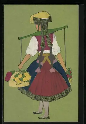 Künstler-AK Handgemalt: Frau in Tracht mit Blumen