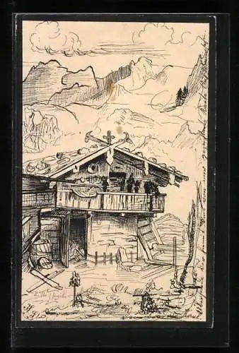 Künstler-AK Handgemalt: Almhütte in den Bergen