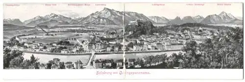 Klapp-AK Salzburg, Brauerei und Gasthof z. Hölle, Veranda mit Blick zum Gaisberg, Panoramaansicht mit Alpen