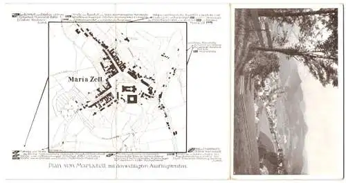 Klapp-AK Mariazell, Ortsansicht vom Berg aus, Übersichtskarte mit Ausflugsrouten