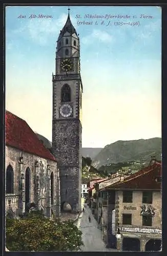 AK Meran, St. Nikolaus-Pfarrkirche, Turm und Gasthaus