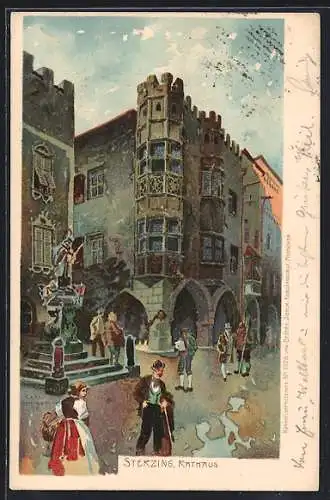 Künstler-Lithographie Carl Schmidt: Sterzing, Rathaus mit Passanten