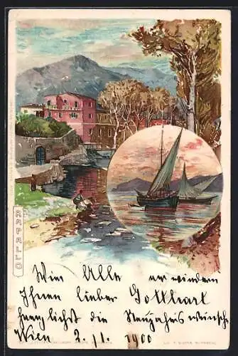 Künstler-AK Manuel Wielandt: Rapallo, Frauen am Flussufer, Häuser der Stadt, Segelboote